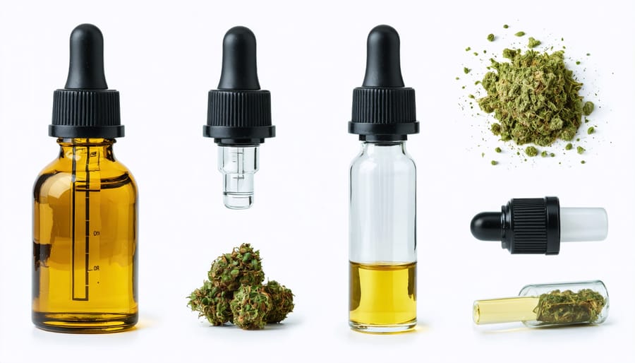 Different CBD products including oils, capsules, and tinctures with measuring tools