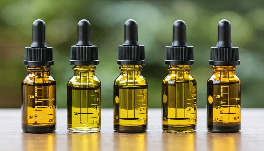 Different CBD oil bottles with dosage measurements and dropper demonstration