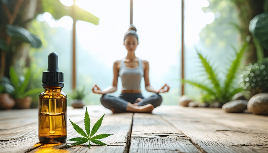 Person meditating peacefully with CBD oil visible, representing anxiety and stress management