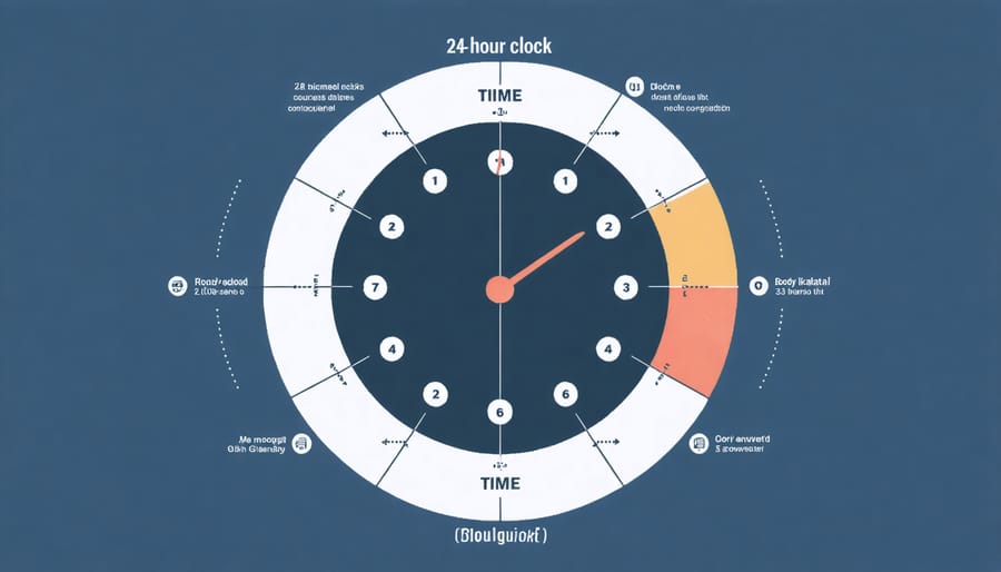 24-hour circadian rhythm clock diagram showing sleep-wake cycle, hormone production, and body temperature variations