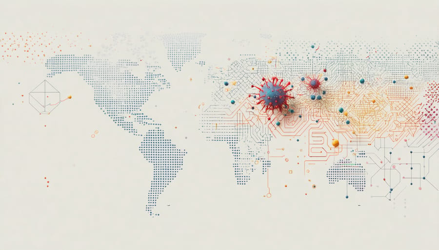 3D rendered illustration showing various disease-causing pathogens against a backdrop of climate change symbols