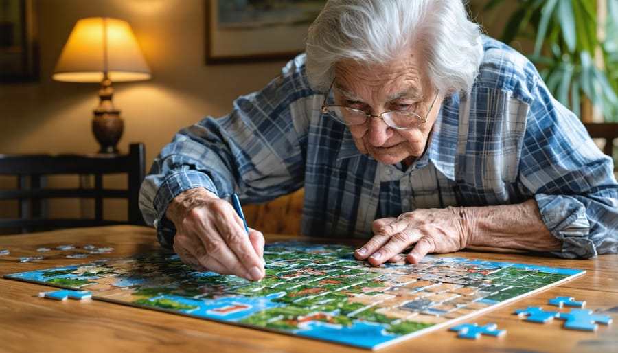 Elderly person displaying difficulty with a basic jigsaw puzzle, illustrating cognitive challenges