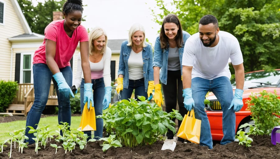 Diverse group of people working together in a community garden, smiling and interacting