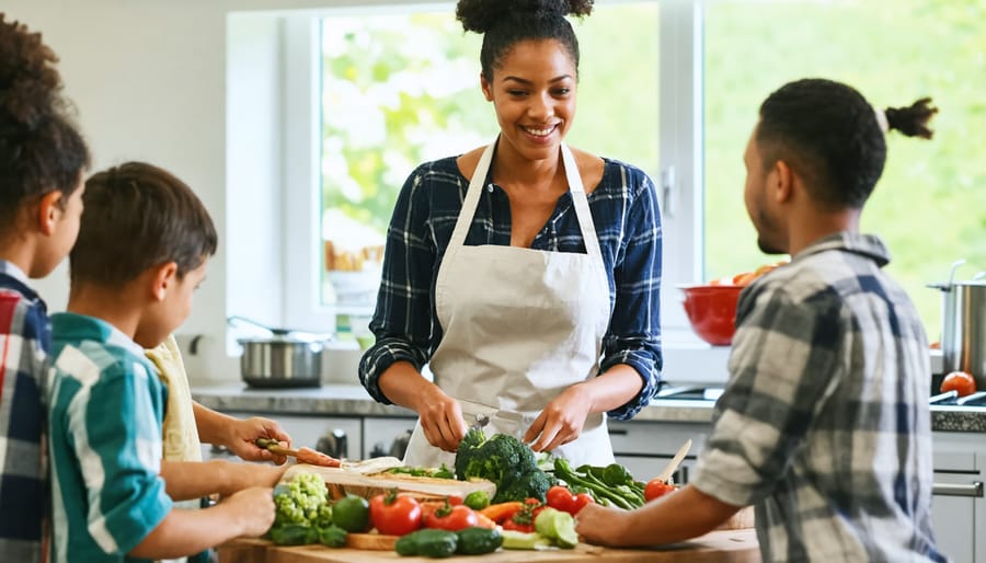 Multicultural cooking class participants learning food preparation techniques from an instructor