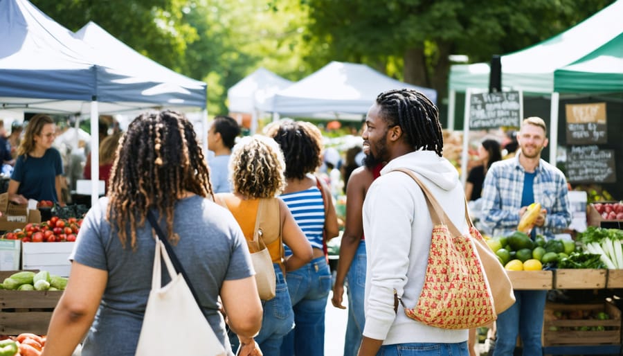 Multi-ethnic group of people shopping at a vibrant Canadian farmers market with local produce displays