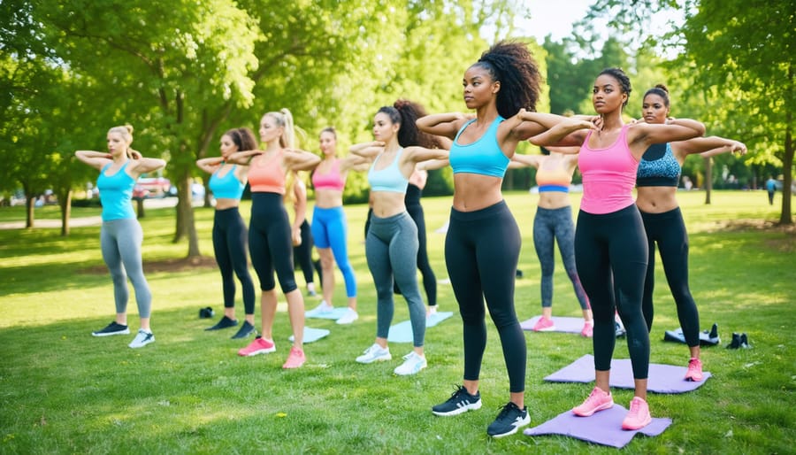 Multi-generational group exercising together during a community fitness program