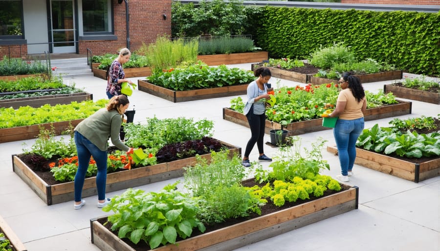 Multi-ethnic group working together in a community garden, planting and harvesting vegetables