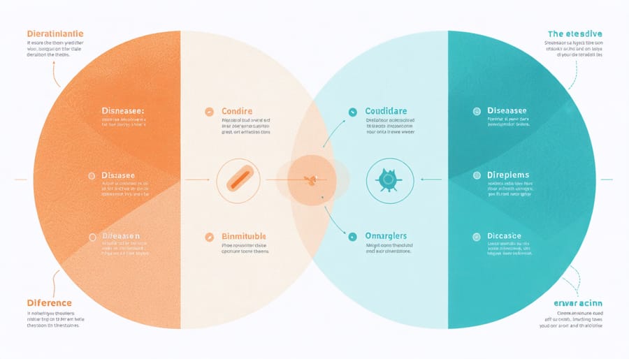 Venn diagram illustrating the relationship between medical conditions and diseases, with shared and unique characteristics