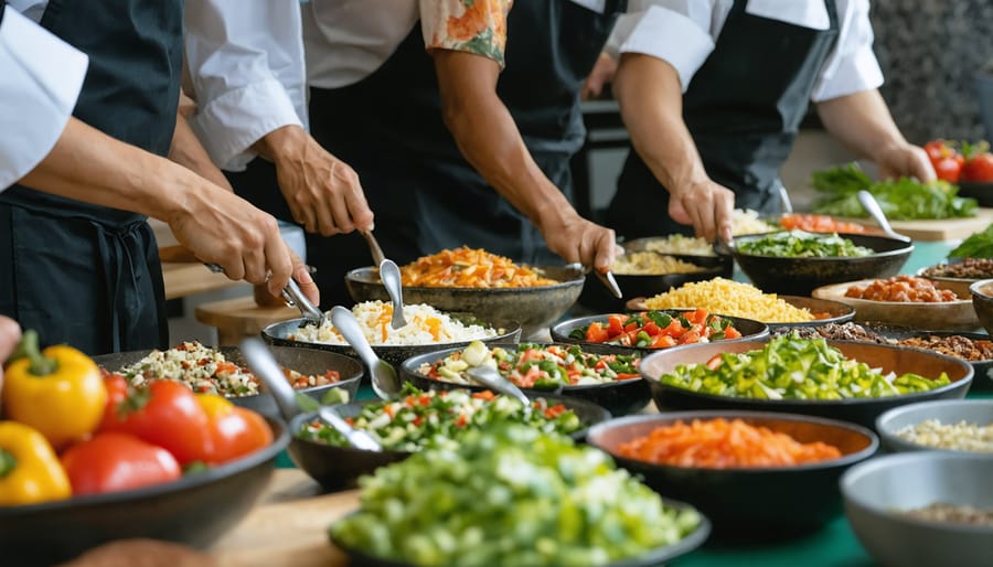 Diverse group of participants learning cooking techniques in a community kitchen setting