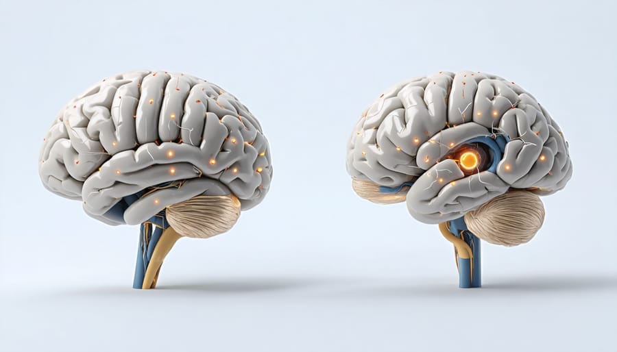 Medical illustration of deep brain stimulation system showing electrode placement in the brain