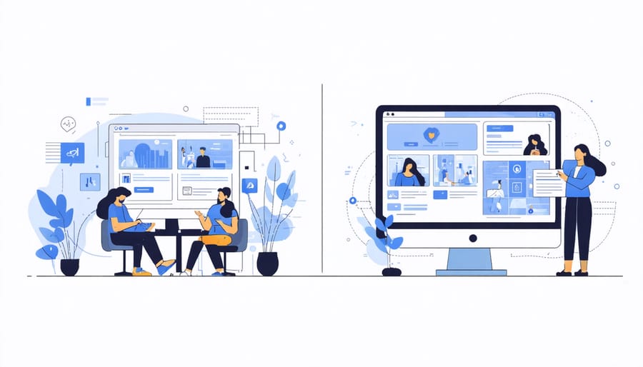 Side-by-side comparison of people meeting in person and connecting through digital devices