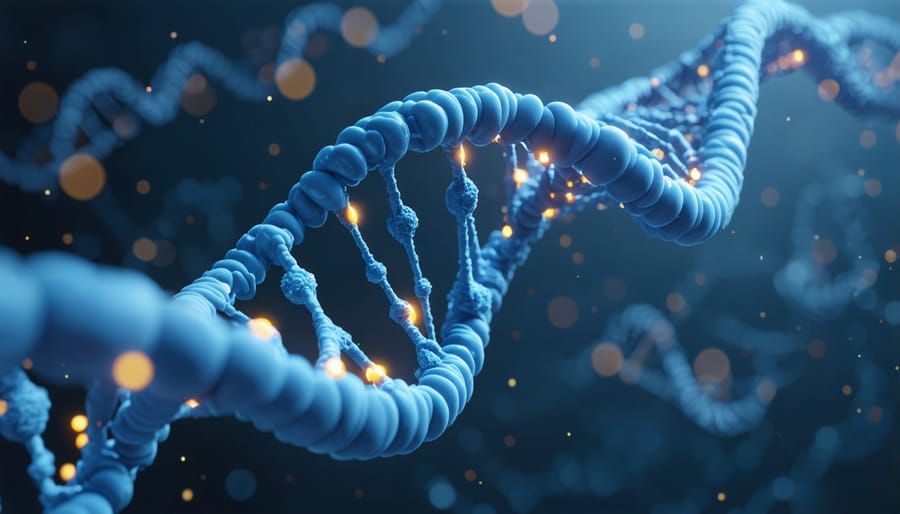 Computer-generated illustration of DNA structure with epigenetic modifications highlighted in different colors