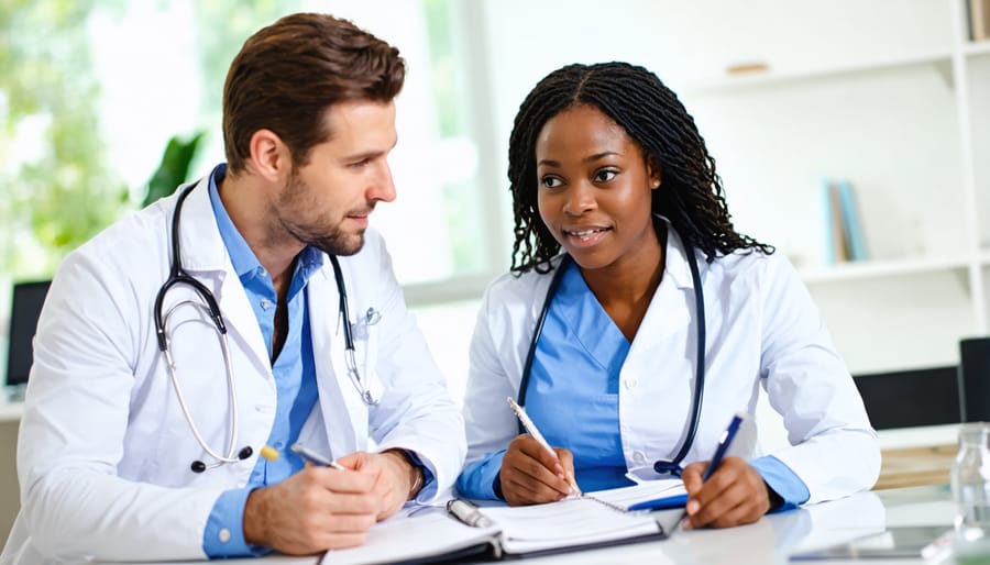 Healthcare provider explaining medical information to an engaged patient who is taking notes during consultation