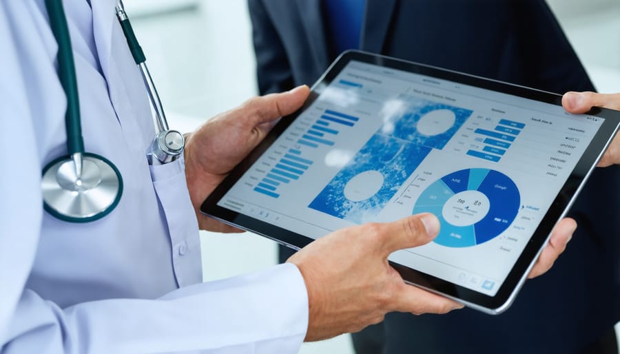 Doctor explaining medical diagnosis to patient using digital tablet in consultation room