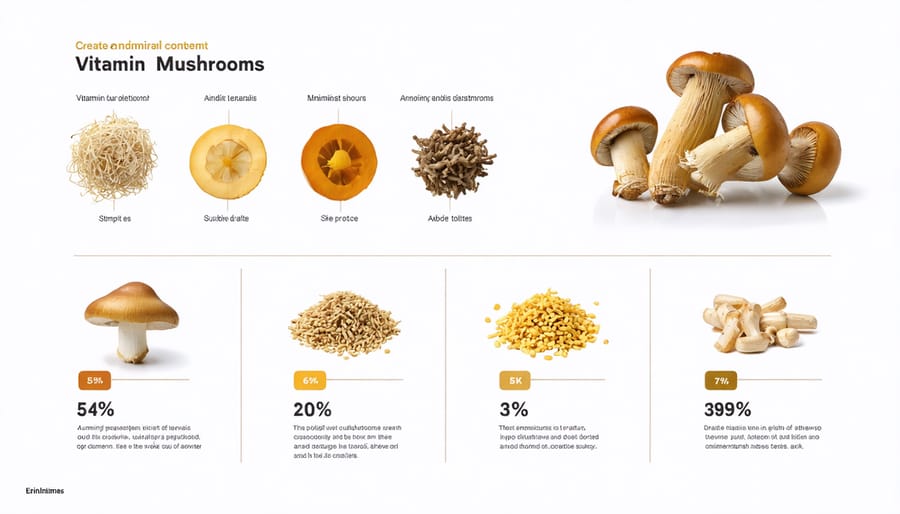 Nutritional infographic displaying key vitamins and minerals found in enoki mushrooms