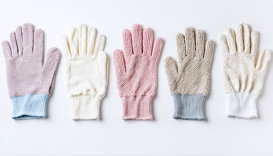 Display of different exfoliating gloves showing various textures and materials