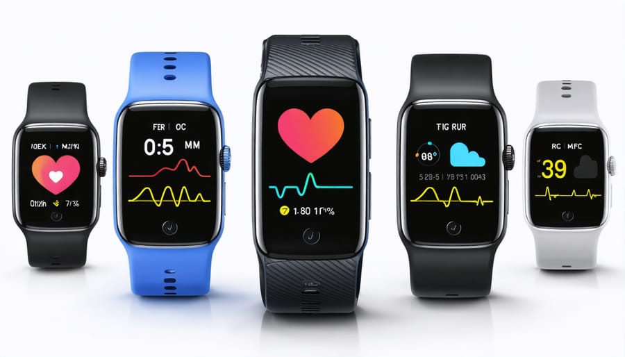 Various wearable fitness devices displaying cardiovascular metrics on their screens