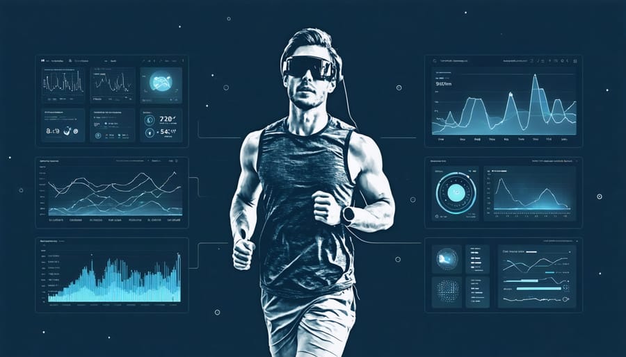 Active person wearing fitness tracker and smartwatch displaying health data metrics