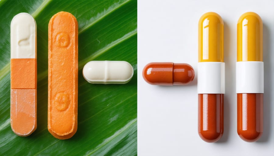 Comparison showing vitamin-rich whole foods next to corresponding supplement pills