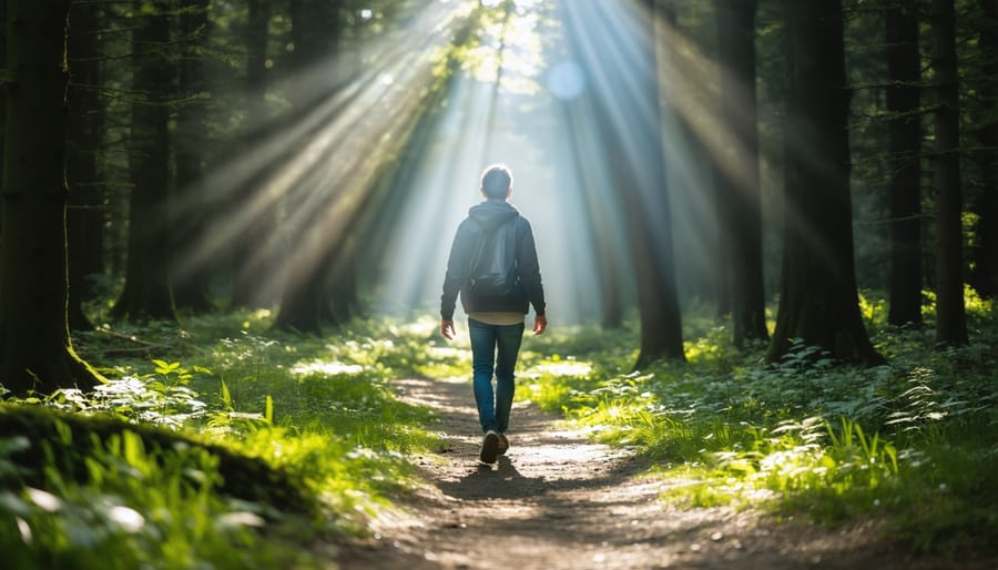 Peaceful scene of an individual walking mindfully through a serene forest with sunbeams