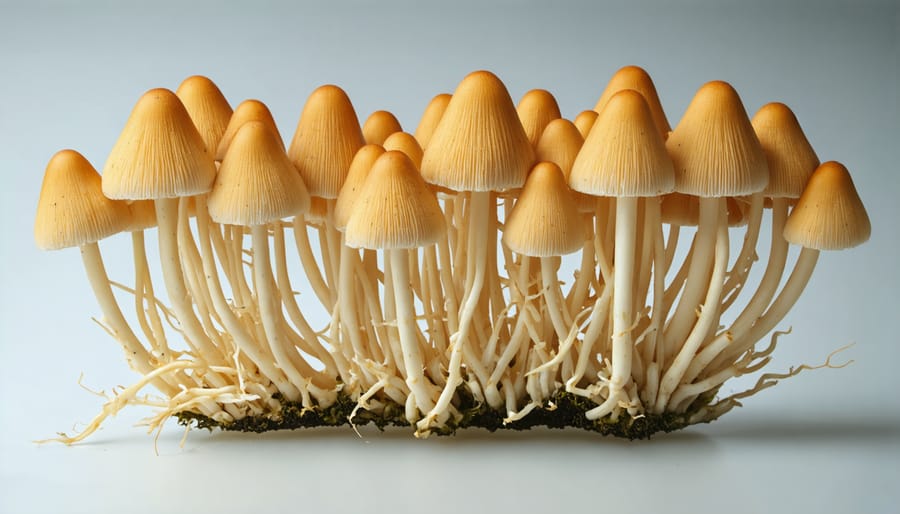 Fresh white enoki mushrooms with characteristic long stems and tiny caps grouped in bundles