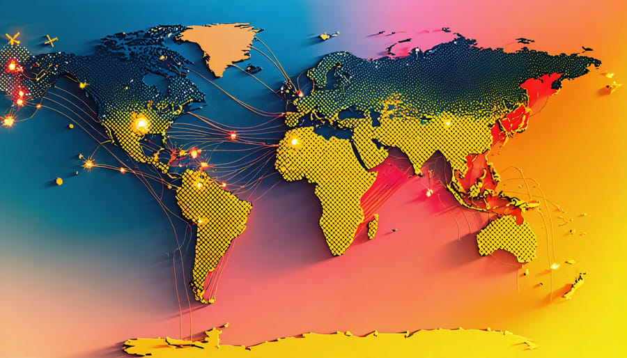 Global map visualization of international flight paths overlaid with disease transmission indicators