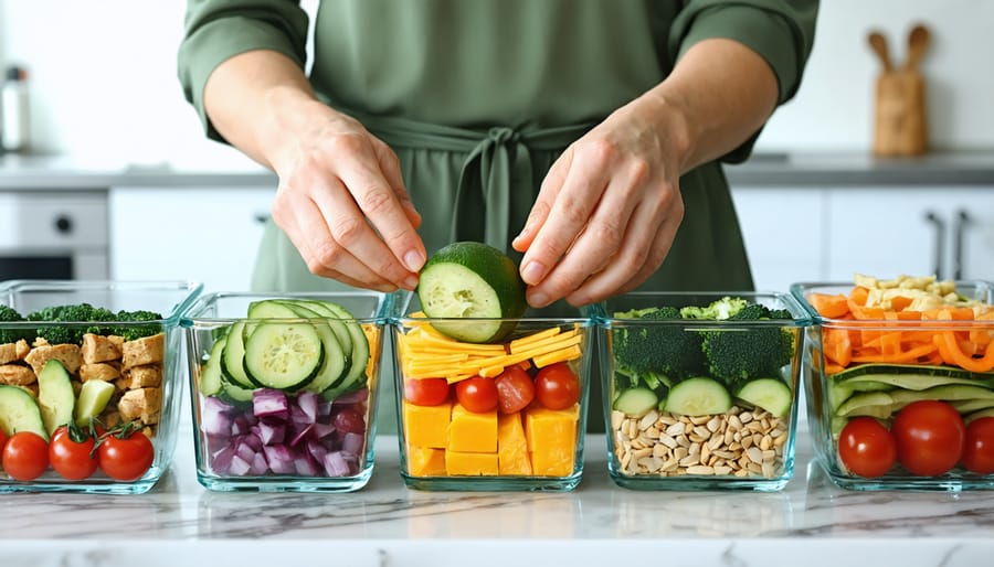 Well-organized meal prep containers filled with balanced portions of lean proteins, vegetables, and whole grains