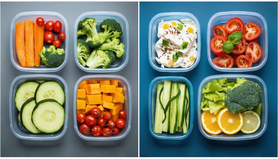 Meal preparation station with fresh ingredients and organized meal prep containers