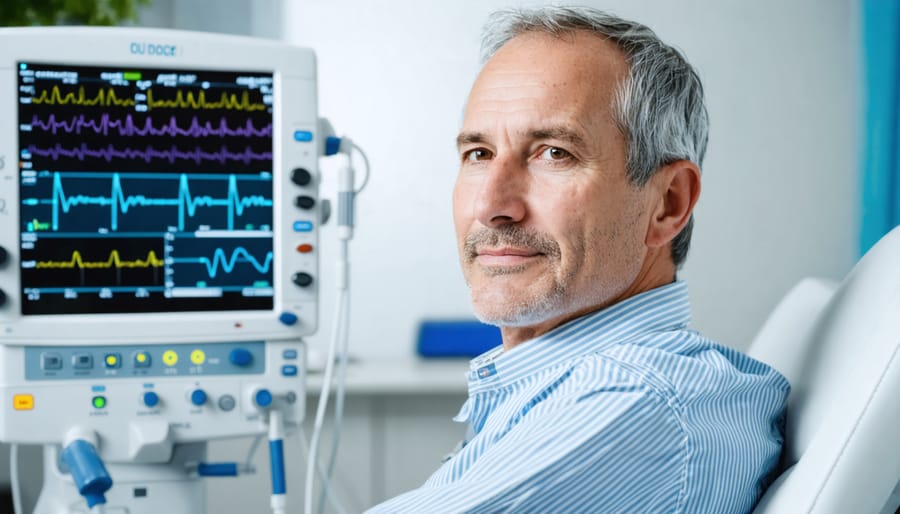 Male patient in his 40s on a treadmill during cardiovascular screening