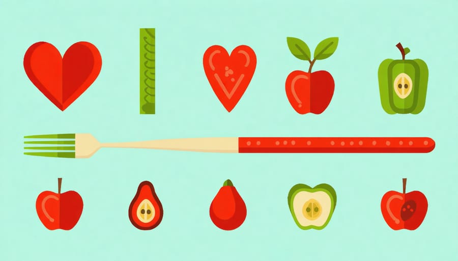 Visual diagram of heart-healthy foods including fish, vegetables, whole grains, and nuts