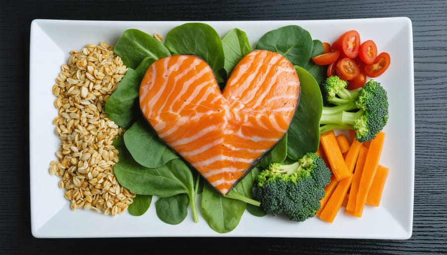 Balanced heart-healthy meal with salmon, quinoa, and fresh vegetables arranged on a white plate