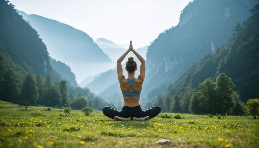 Individual practicing yoga outdoors, demonstrating physical and mental wellness