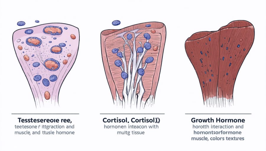 Diagram showing how testosterone, cortisol, and growth hormone interact with muscle cells