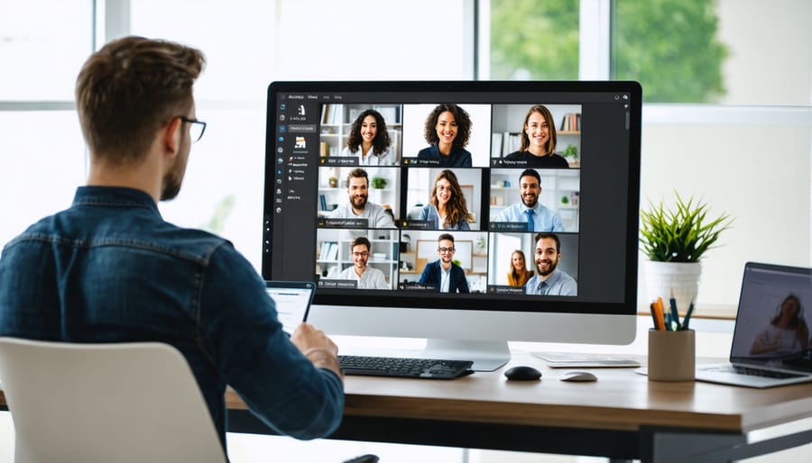 Person working remotely at home office desk during virtual team meeting