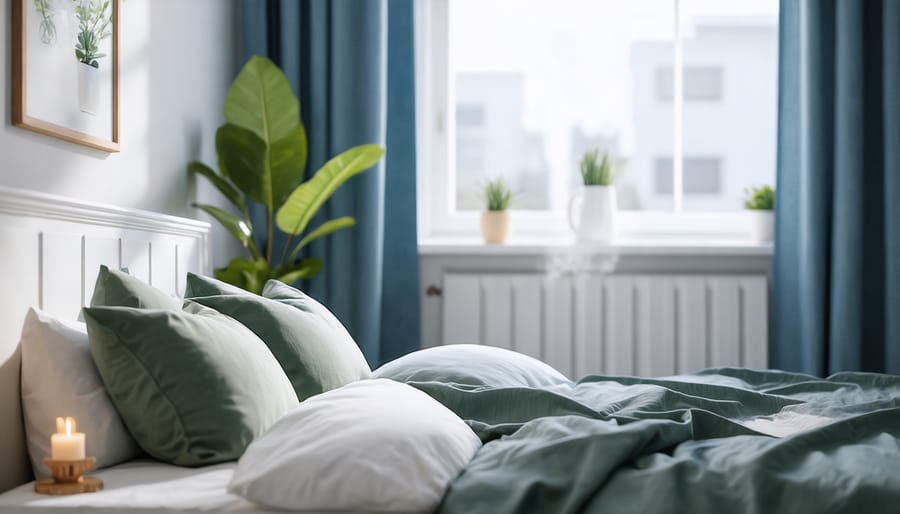 Peaceful bedroom environment showing optimal sleep conditions including blackout curtains, appropriate lighting, and clutter-free space