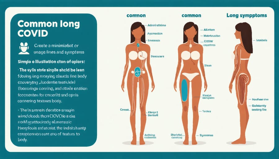 Anatomical diagram highlighting various physical symptoms of long COVID including fatigue, respiratory issues, and joint pain