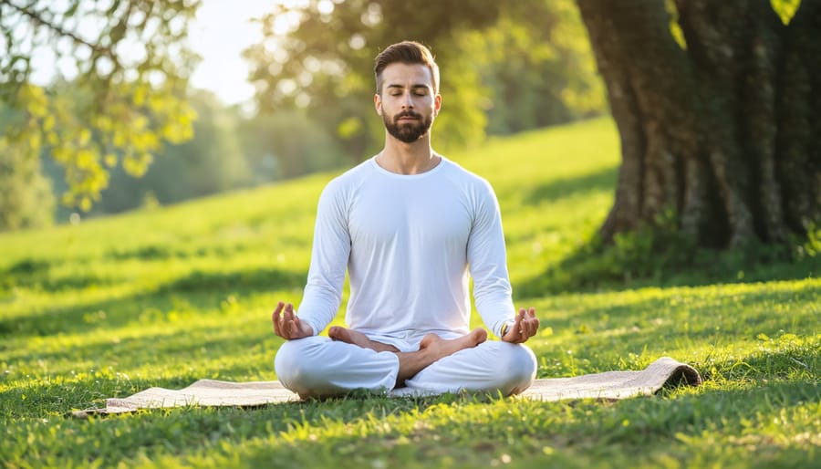 Man practicing mindfulness exercises outdoors for stress relief