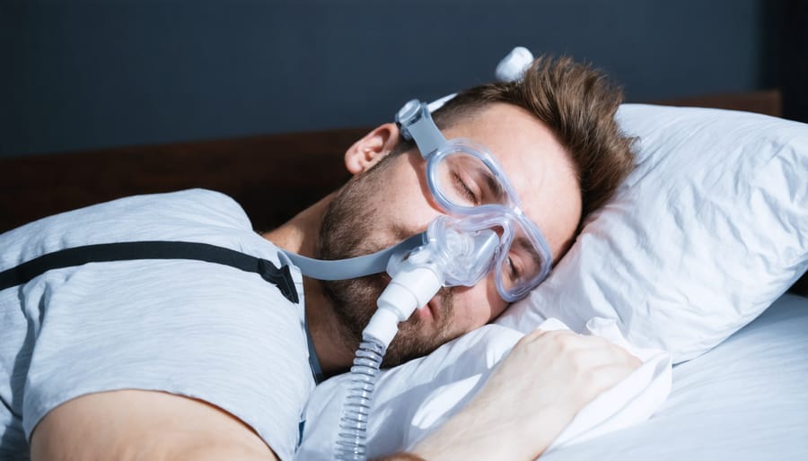 Middle-aged man sleeping with CPAP machine for sleep apnea treatment