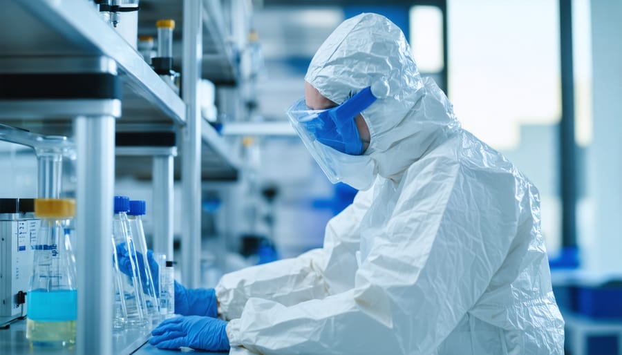 Scientist in PPE conducting research in a modern medical laboratory setting