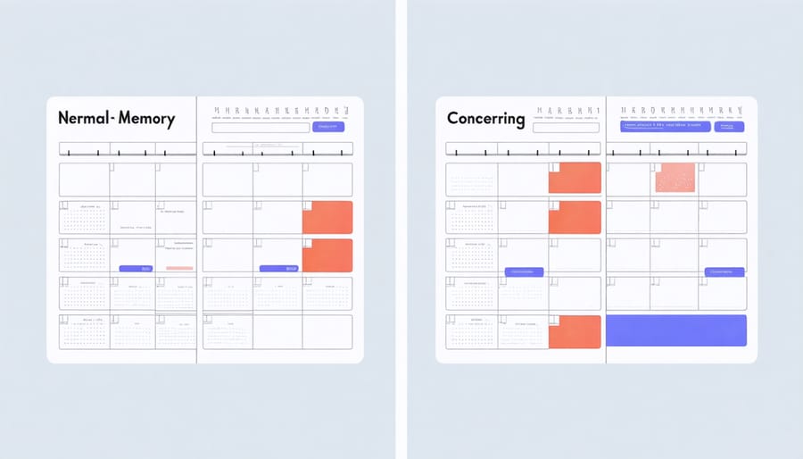 Side-by-side comparison of calendar pages showing normal aging versus Alzheimer's warning signs