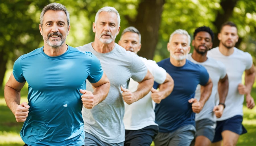 Diverse group of men engaging in group exercise, displaying camaraderie and support