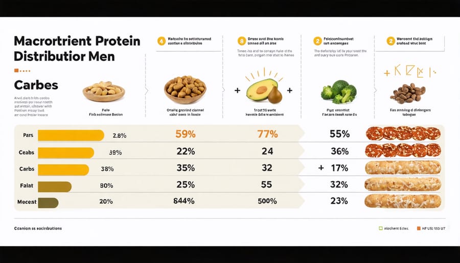 Colorful pie chart showing recommended daily macronutrient ratios for men: 45-65% carbohydrates, 20-35% fats, and 10-35% protein