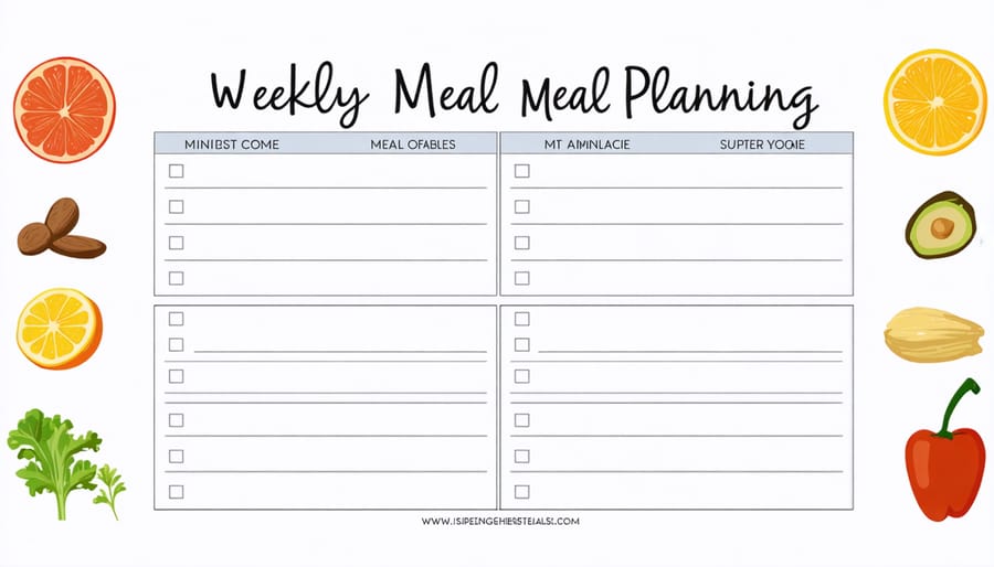 Visual meal planning chart showing balanced meals across a week with protein, vegetables, and whole grains