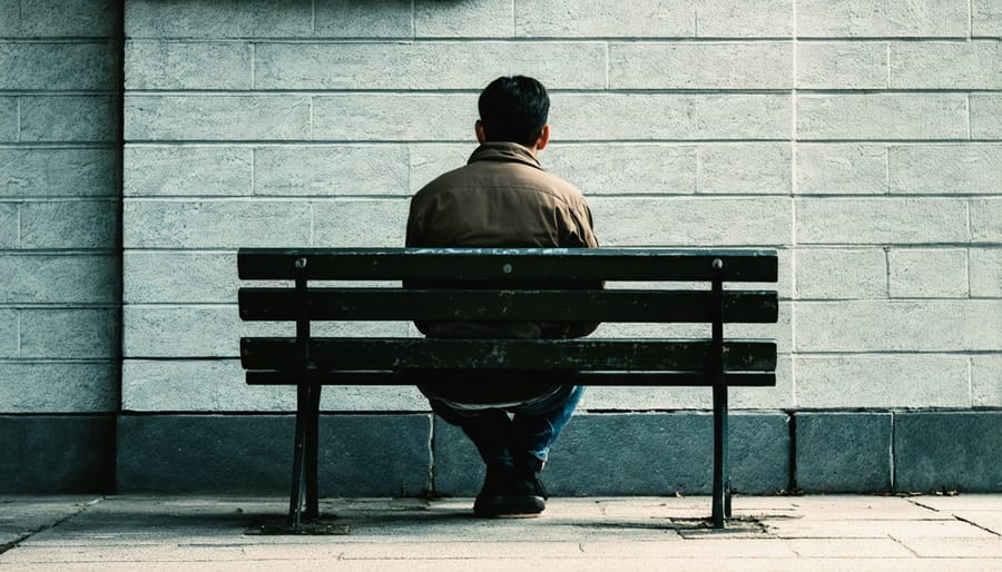 Solitary man sitting on a park bench with a thoughtful, concerned expression