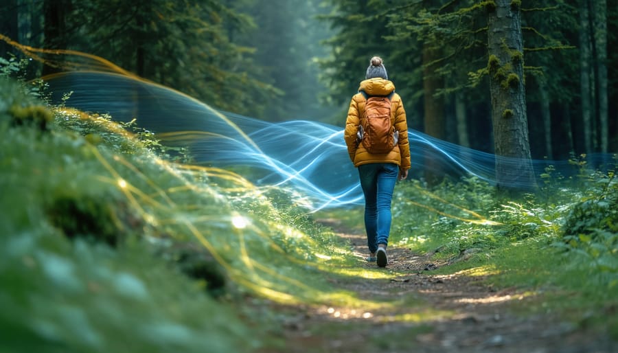 Individual practicing mindful walking meditation in a peaceful outdoor setting