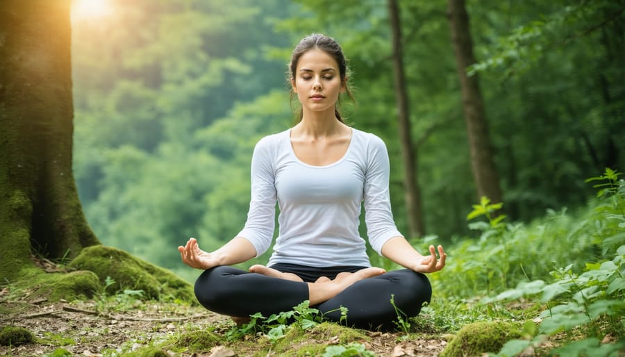 Individual sitting cross-legged in meditation pose surrounded by nature