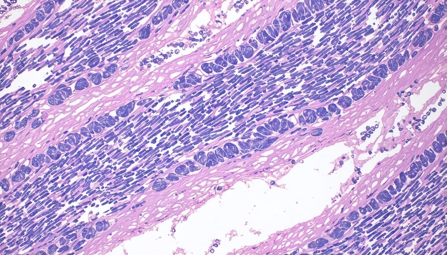 Cellular-level illustration of muscle tissue repair and protein synthesis process