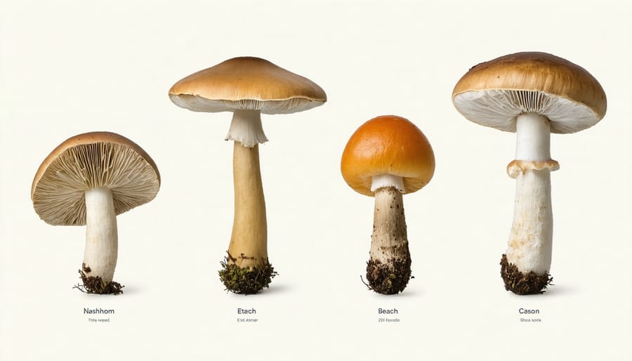 Visual comparison of nutritional content between enoki, shiitake, button, and other mushroom varieties