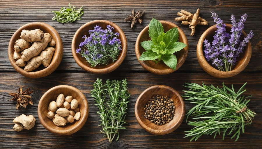 Various medicinal herbs including ginseng, turmeric, and maca root displayed in rustic wooden bowls