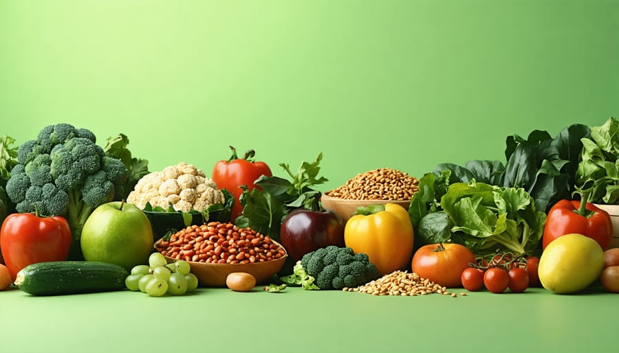 Diverse array of nutritious whole foods arranged on a wooden table